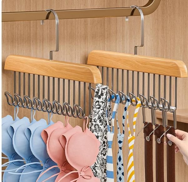 Multifunctional Wooden Hanger with Metal Hooks (Pack of 2)